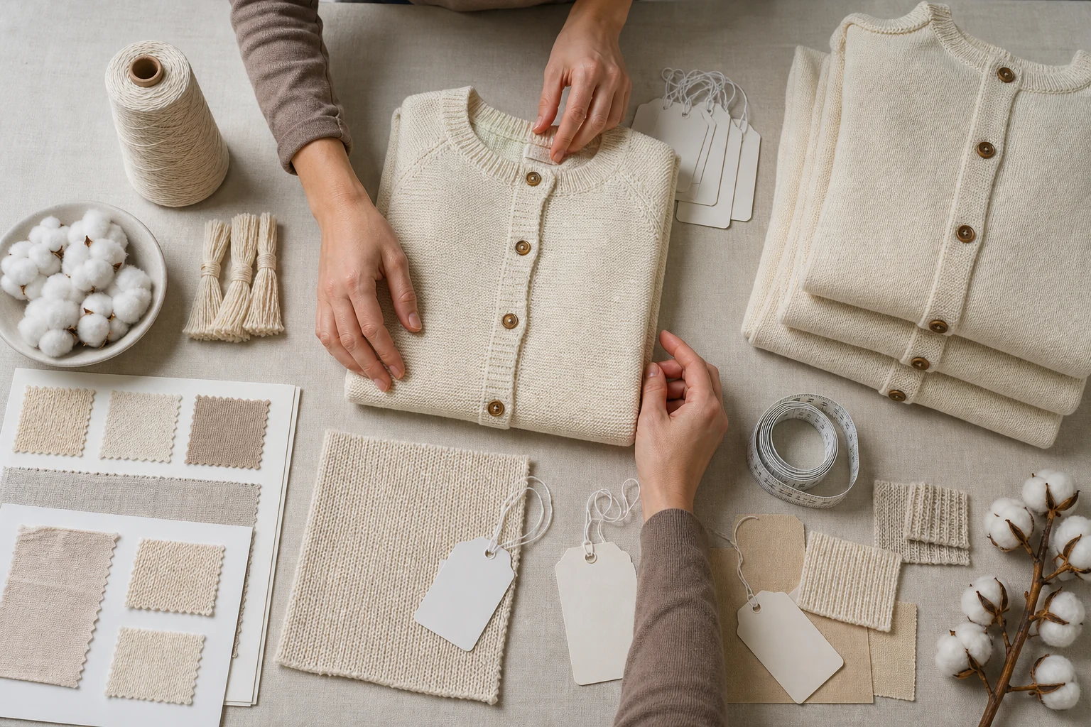 Organic cotton cardigan samples, yarn swatches and lot records arranged for a reorder review