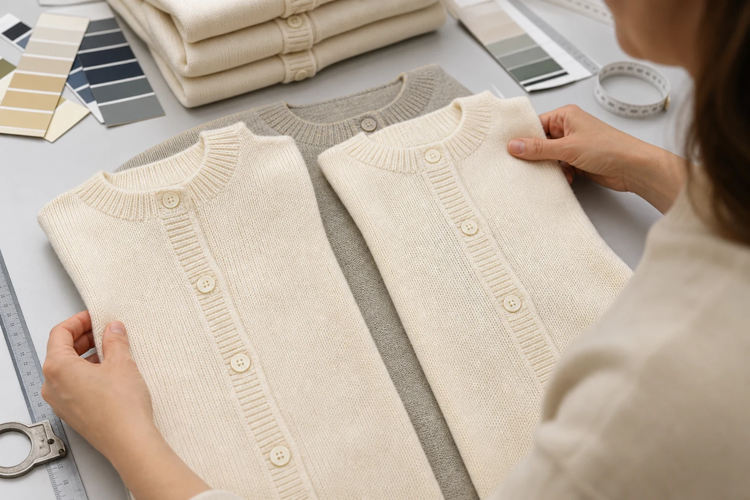 Technician comparing organic cotton cardigan panels for shade and button placket recovery
