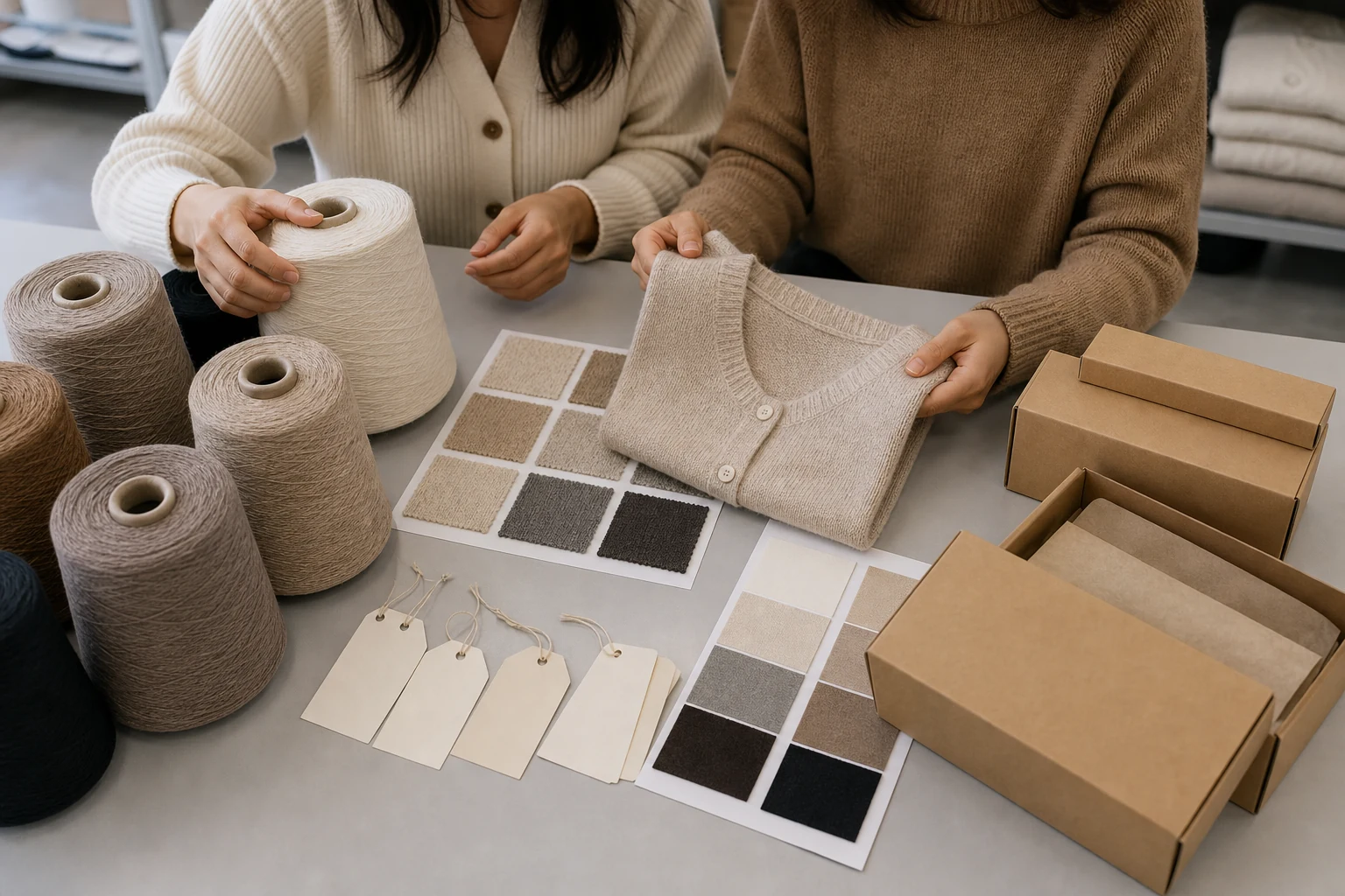 Sourcing team comparing organic cotton cardigan yarn, colour options and reorder quantities