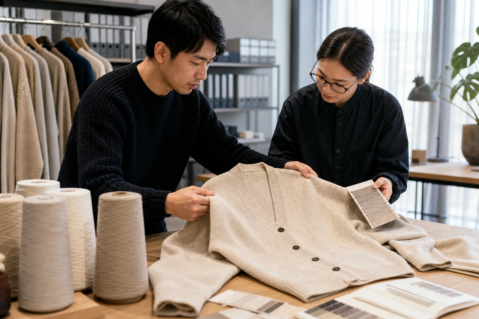 Buyer and knitwear technician reviewing an organic cotton cardigan, retained yarn samples and shade swatches