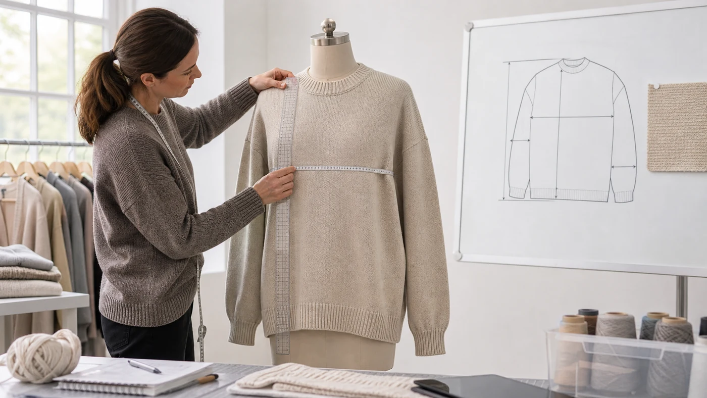 Technician measuring drop shoulder, chest, body length and sleeve reach on an oversized pullover