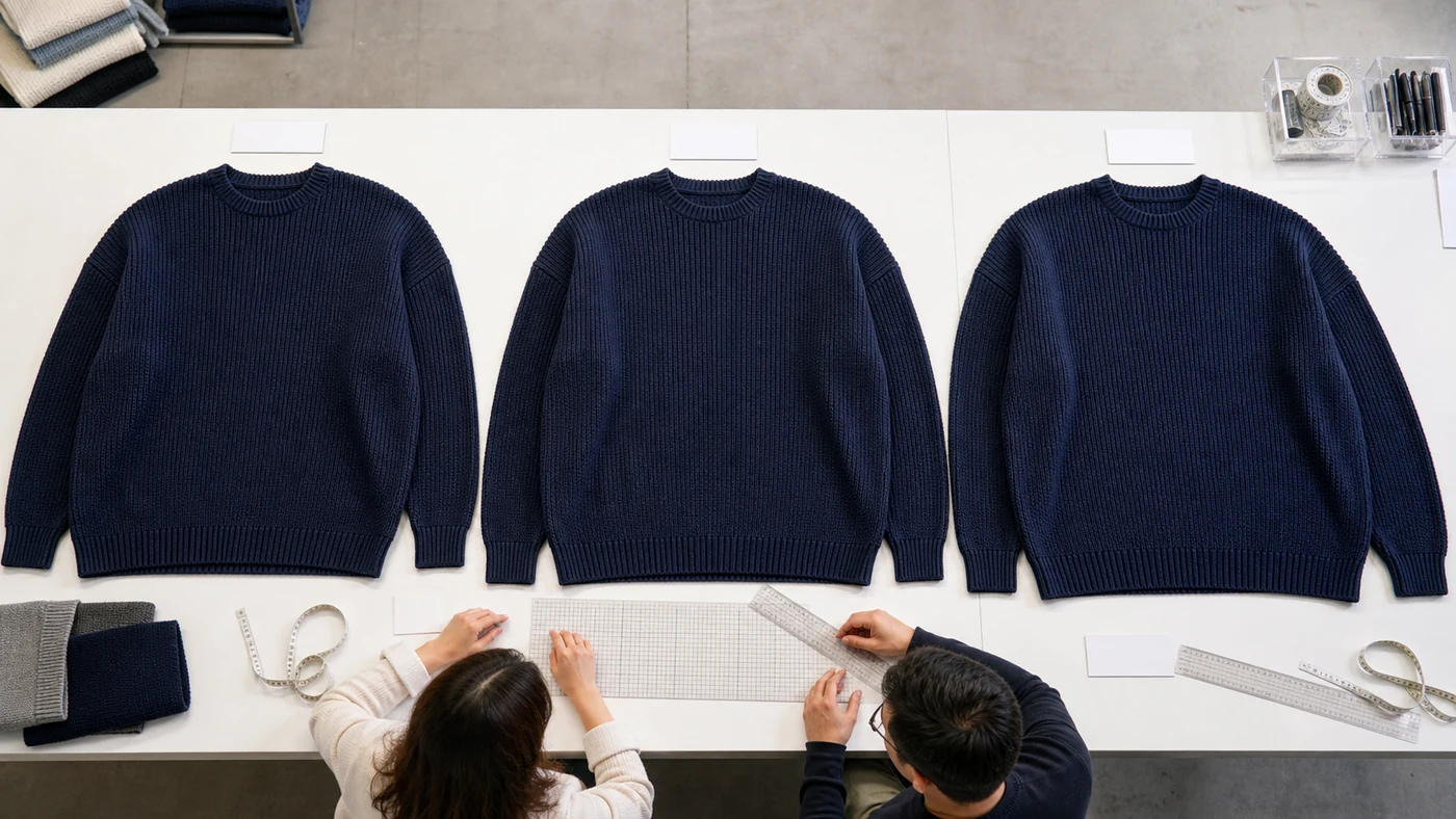 Three knitted oversized pullover sizes aligned for proportional grading comparison