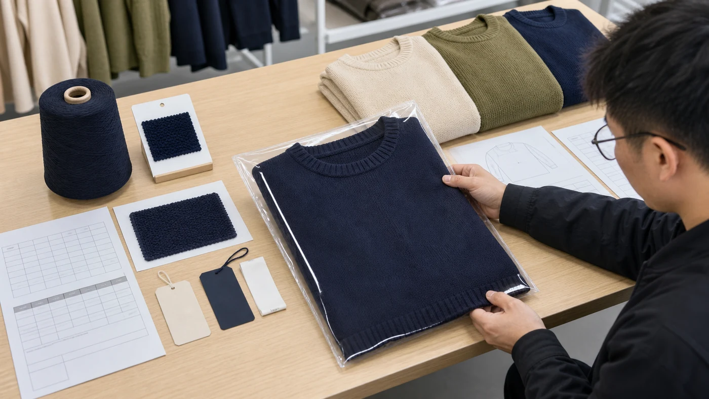 Sealed oversized pullover PP sample with yarn, wash, label and bulk inspection references