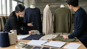 Brand buyer and knitwear technician reviewing front, side and back oversized pullover samples