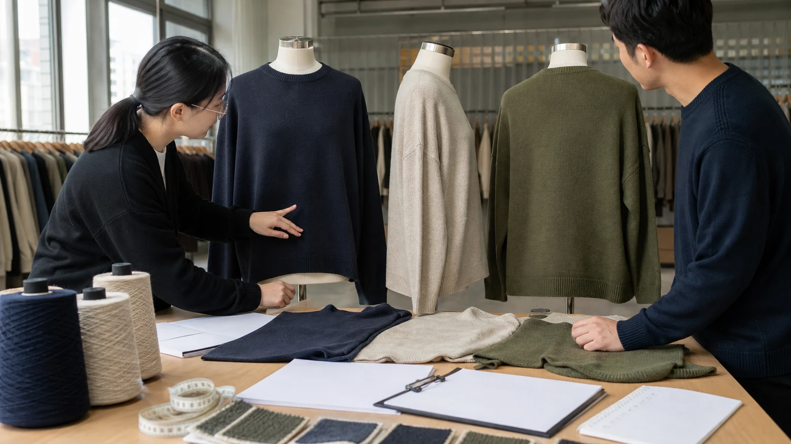 Brand buyer and knitwear technician reviewing front, side and back oversized pullover samples