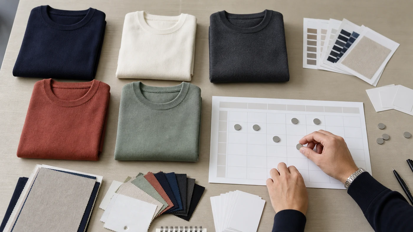 Core and test color short sleeve cotton sweaters arranged beside a blank size and SKU allocation grid