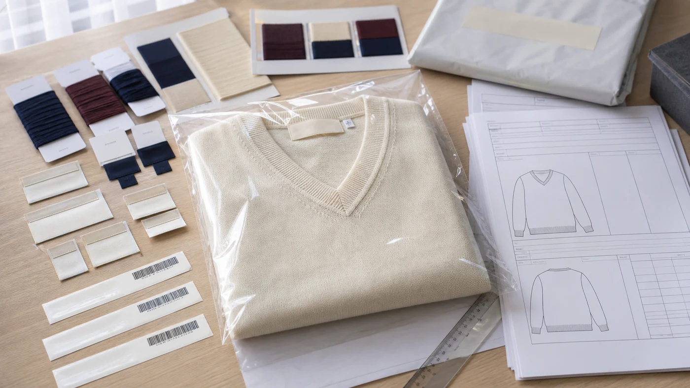 Sealed V neck pullover sample with labels, color standards, packaging and PP control documents