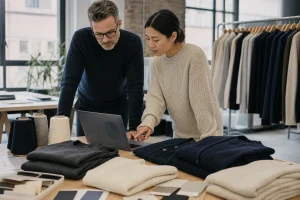 Buyer and knitwear planning manager reviewing autumn knitwear samples, yarn cones and forecast options in a sample room