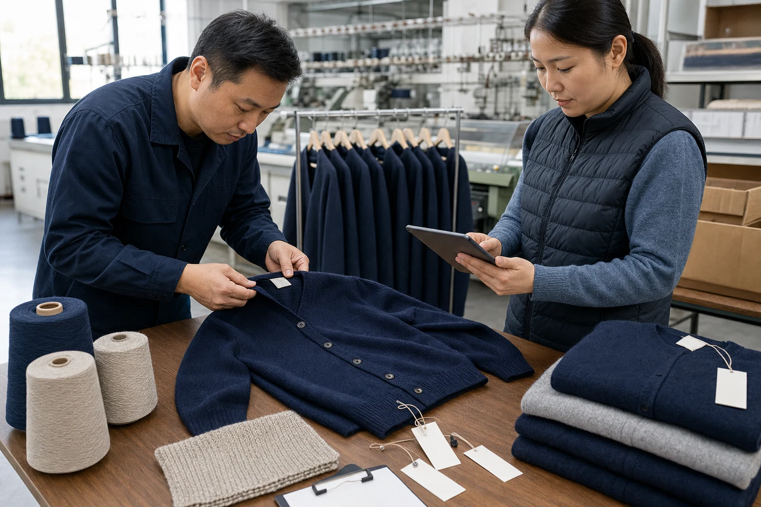 Quality technician and production planner checking a navy cardigan first-off with yarn cones, retained swatch, blank tags and cartons