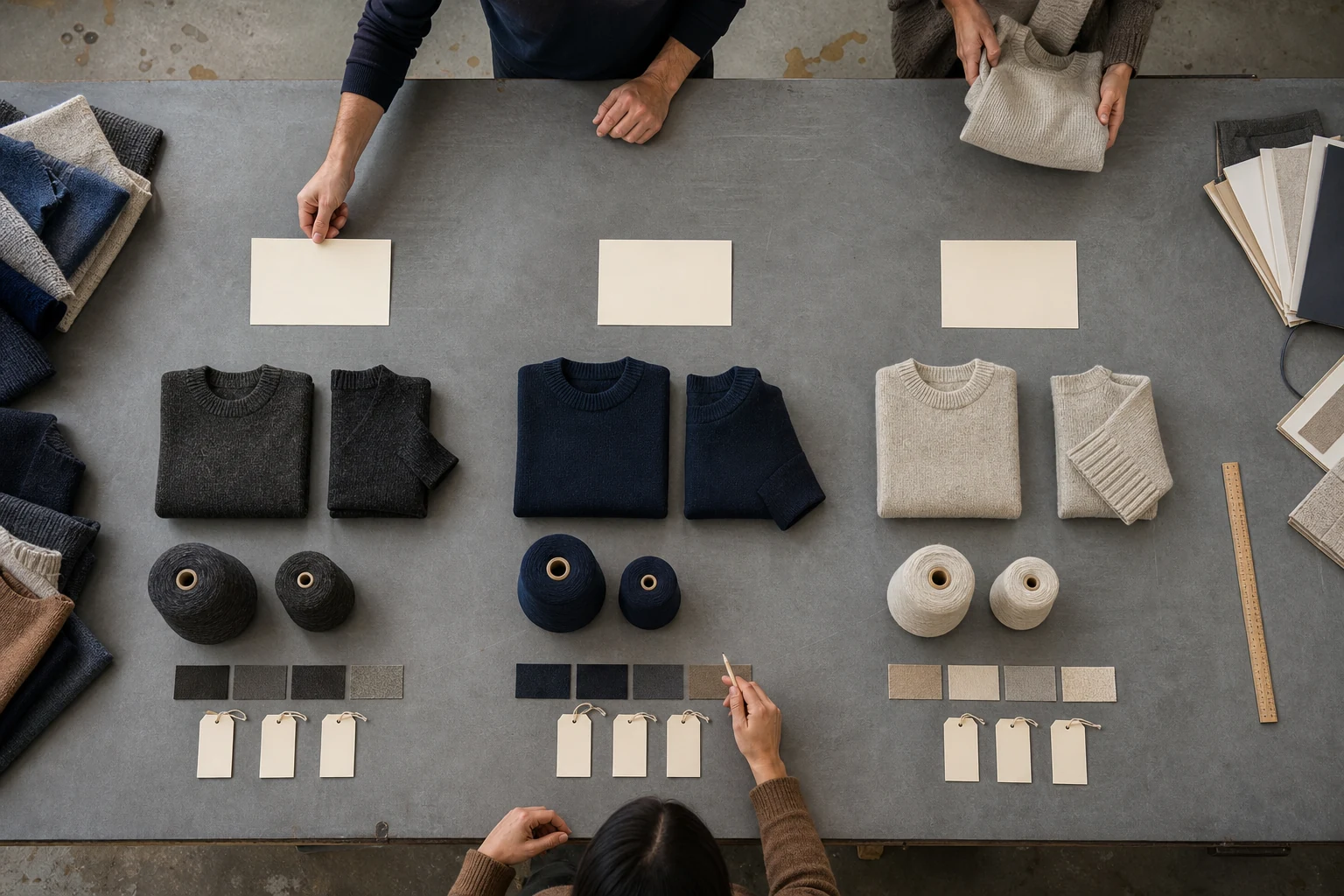 Three grouped knitwear ranges with yarn cones, colour swatches and blank scenario cards arranged for a forecast review