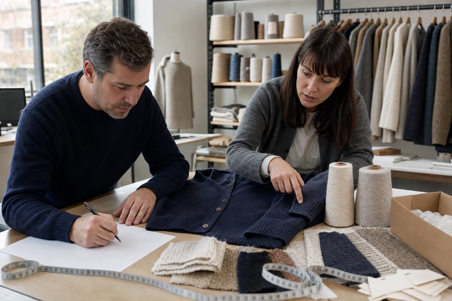 Production planner and technician reviewing a navy knit cardigan, yarn cones, construction swatches and plain sample references