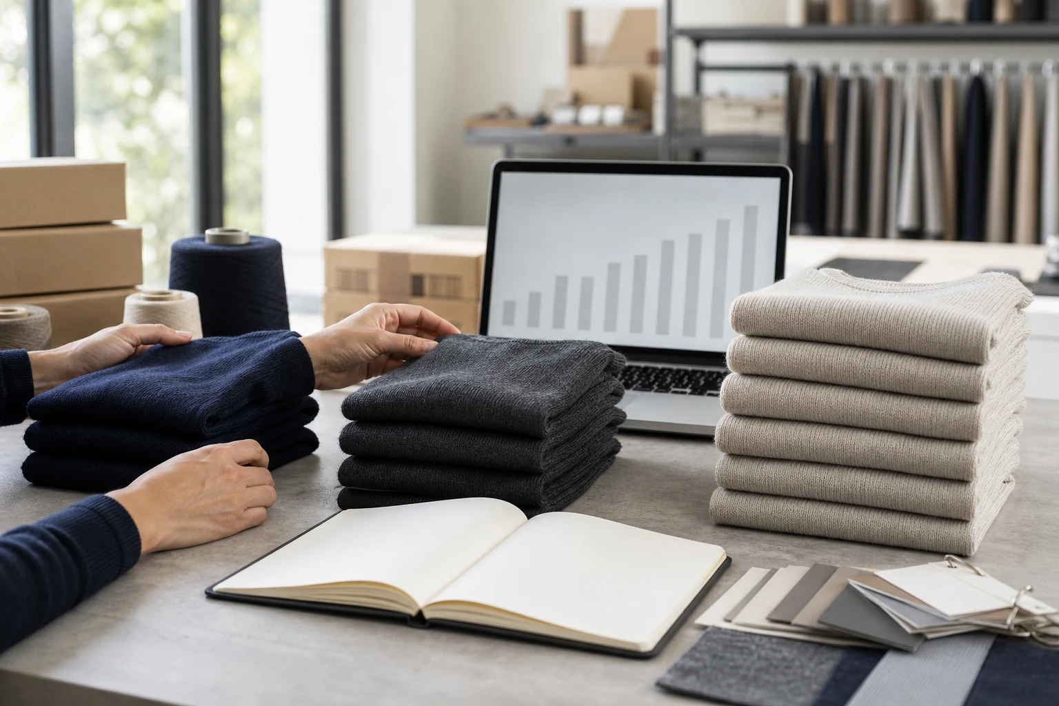 Different stacks of navy, charcoal and oatmeal knitwear with yarn cones, cartons and an unmarked planning screen for volume scenarios