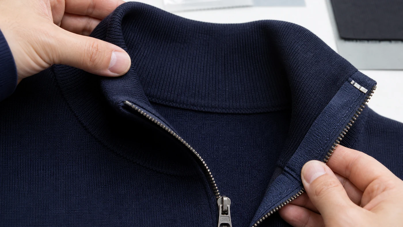 Close inspection of rib collar, zipper tape and inside facing on a merino quarter zip sweater