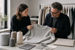 Buyer and knitwear specialist reviewing a gray recycled cashmere jumper with neutral yarn cones and knit swatches