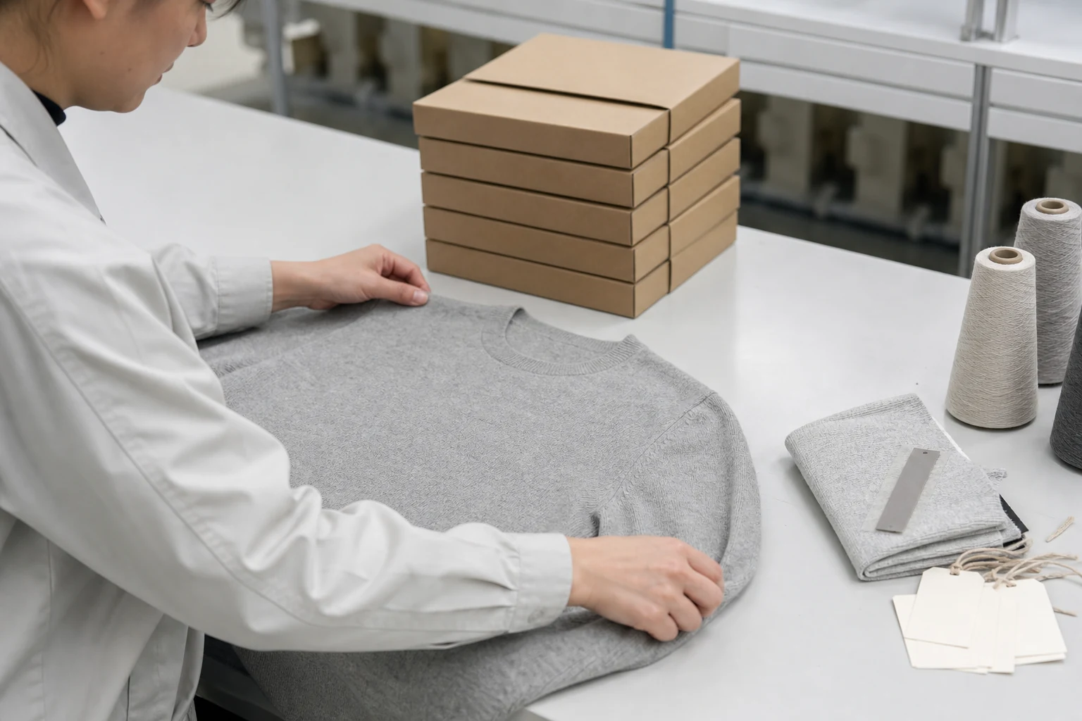 Quality technician checking a gray recycled cashmere jumper first-off beside retained knit references, cartons and yarn cones