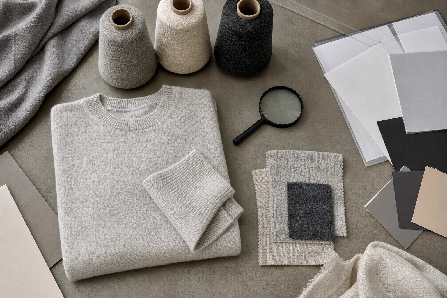 Folded recycled cashmere jumper, yarn cones, knit swatches and plain material-reference cards arranged for review