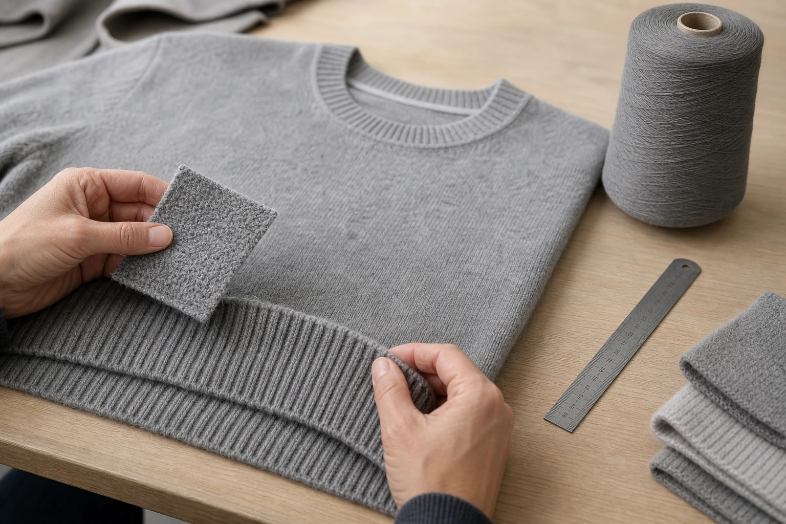 Technician comparing a recycled cashmere jumper hem rib and surface against a retained gray knit swatch