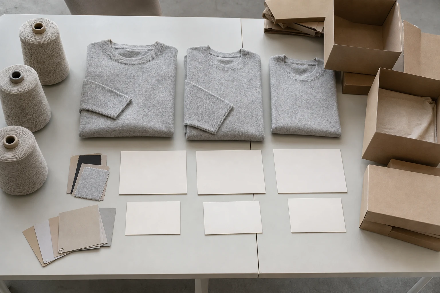 Three folded recycled cashmere jumpers, yarn cones, plain cards and packing cartons arranged for order-scenario review