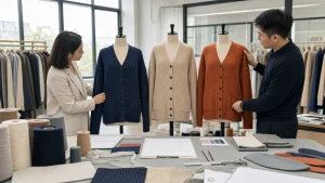 Buyer and knitwear technician reviewing three ribbed cardigan samples with yarn, swatches and production specifications