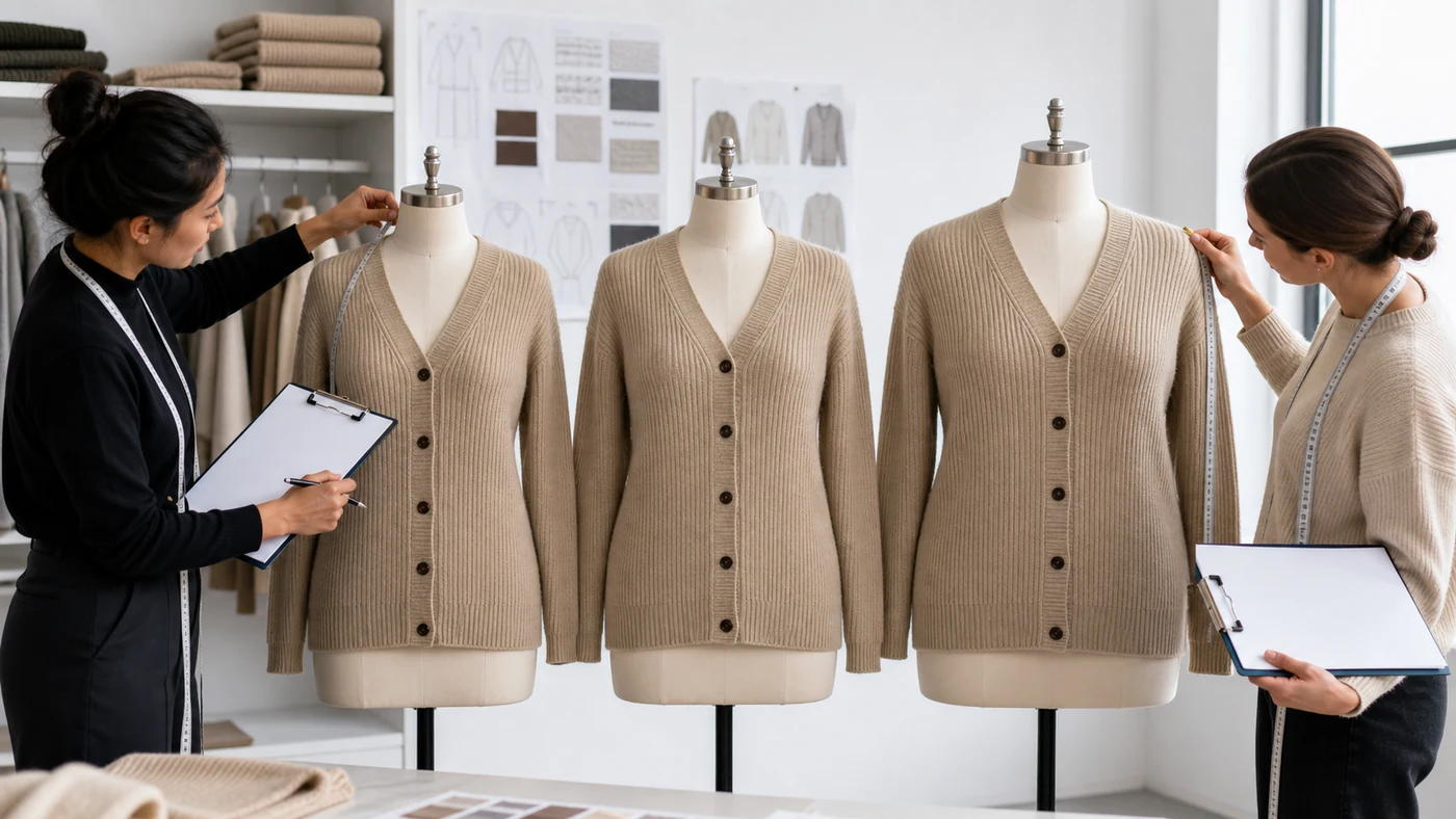 Three ribbed cardigan sizes aligned for shoulder, chest, placket, button and hem review