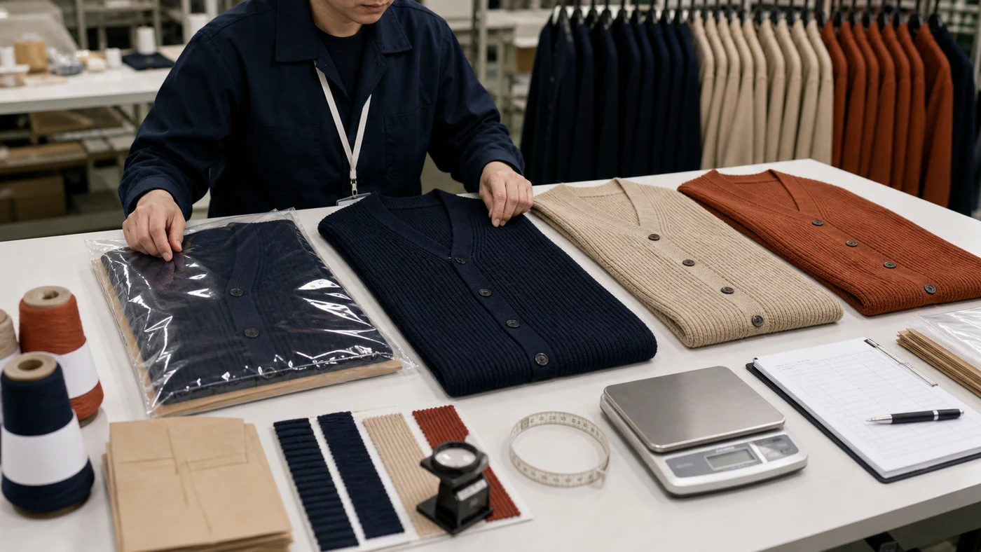 Inspector comparing a sealed ribbed cardigan sample with bulk colors, measurements and shade references