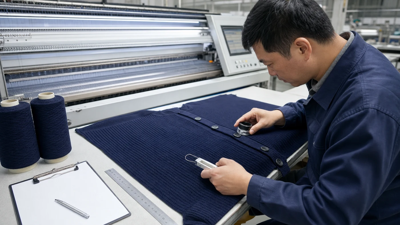 Technician checking stitch length and fabric count on a navy ribbed cardigan beside a flat knitting machine