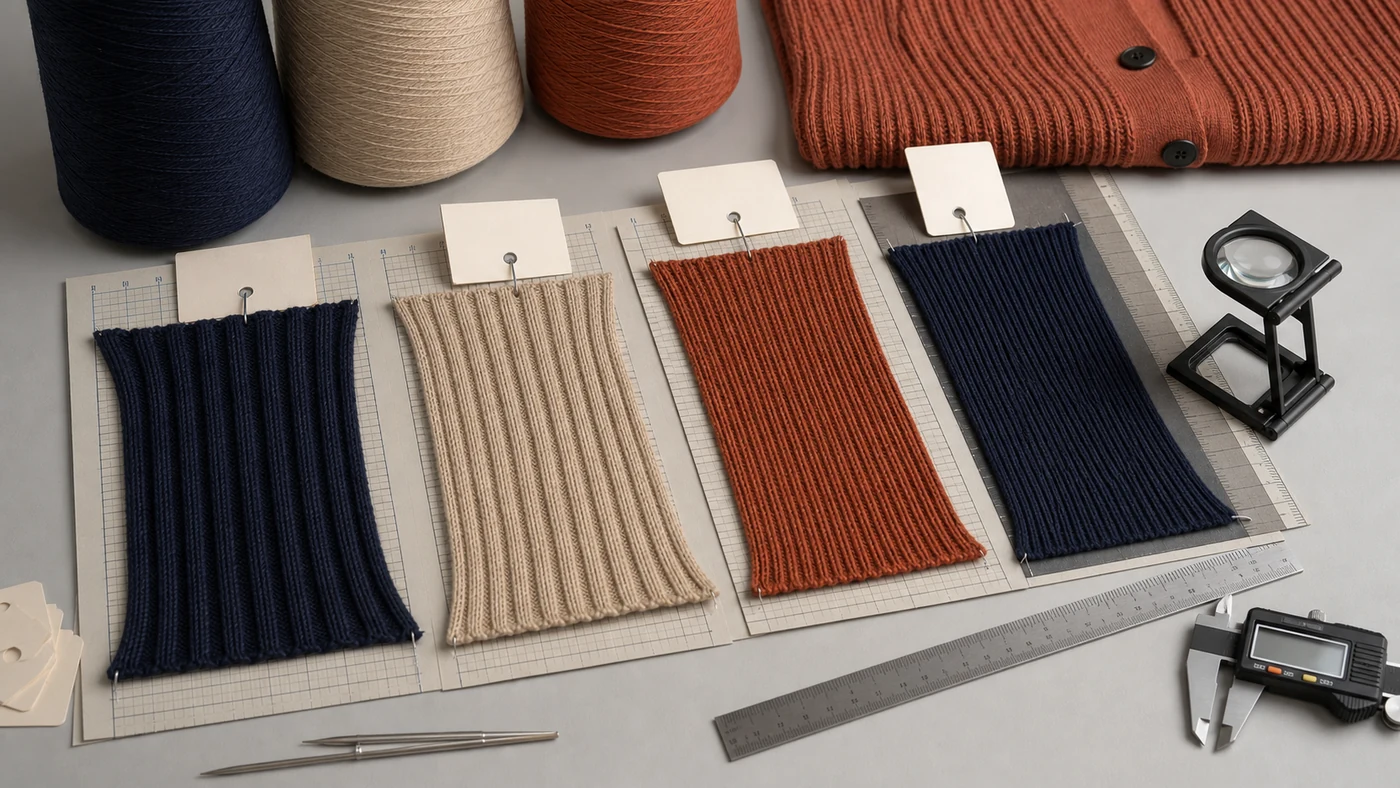 Yarn cones and rib knit swatches compared for structure, density, recovery and handfeel