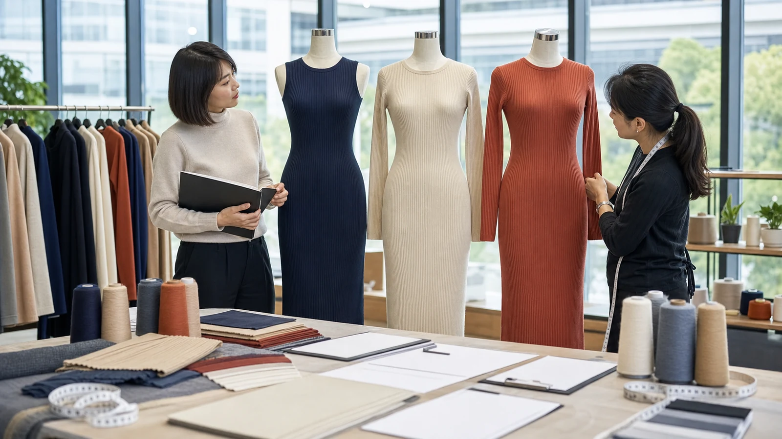 Boutique buyer and knitwear technician reviewing three ribbed knit dress samples with yarn and specifications
