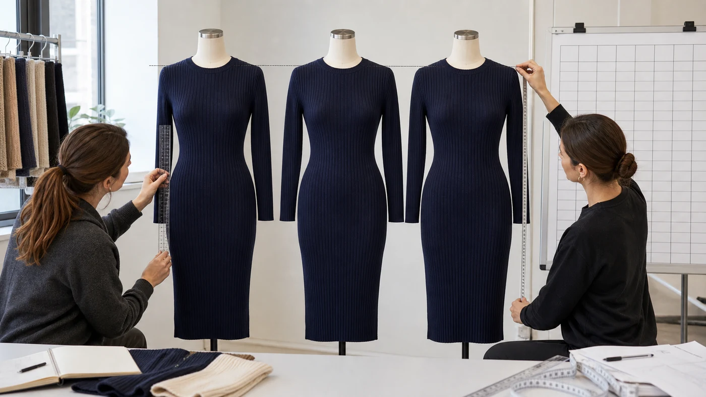 Three ribbed knit dress sizes aligned for bust, waist, hip, sleeve and length comparison