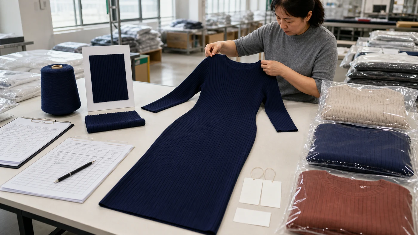 Sealed ribbed knit dress sample with yarn, labels, bulk units and inspection records