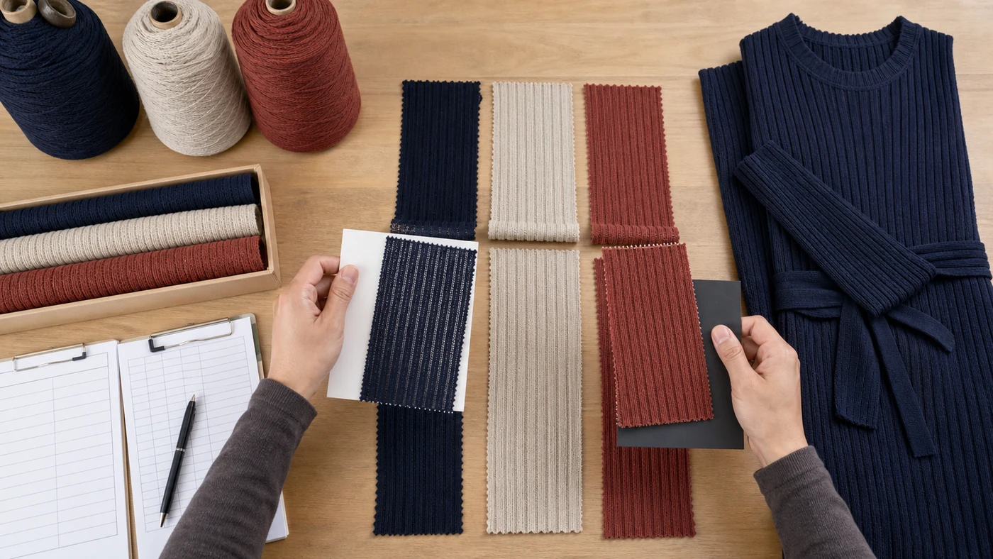 Yarn cones and rib knit structures being extended over light and dark opacity cards