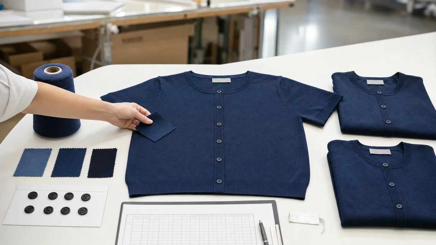Approved short sleeve cardigan with yarn, shade swatches, button trim card and graded measurement sheet