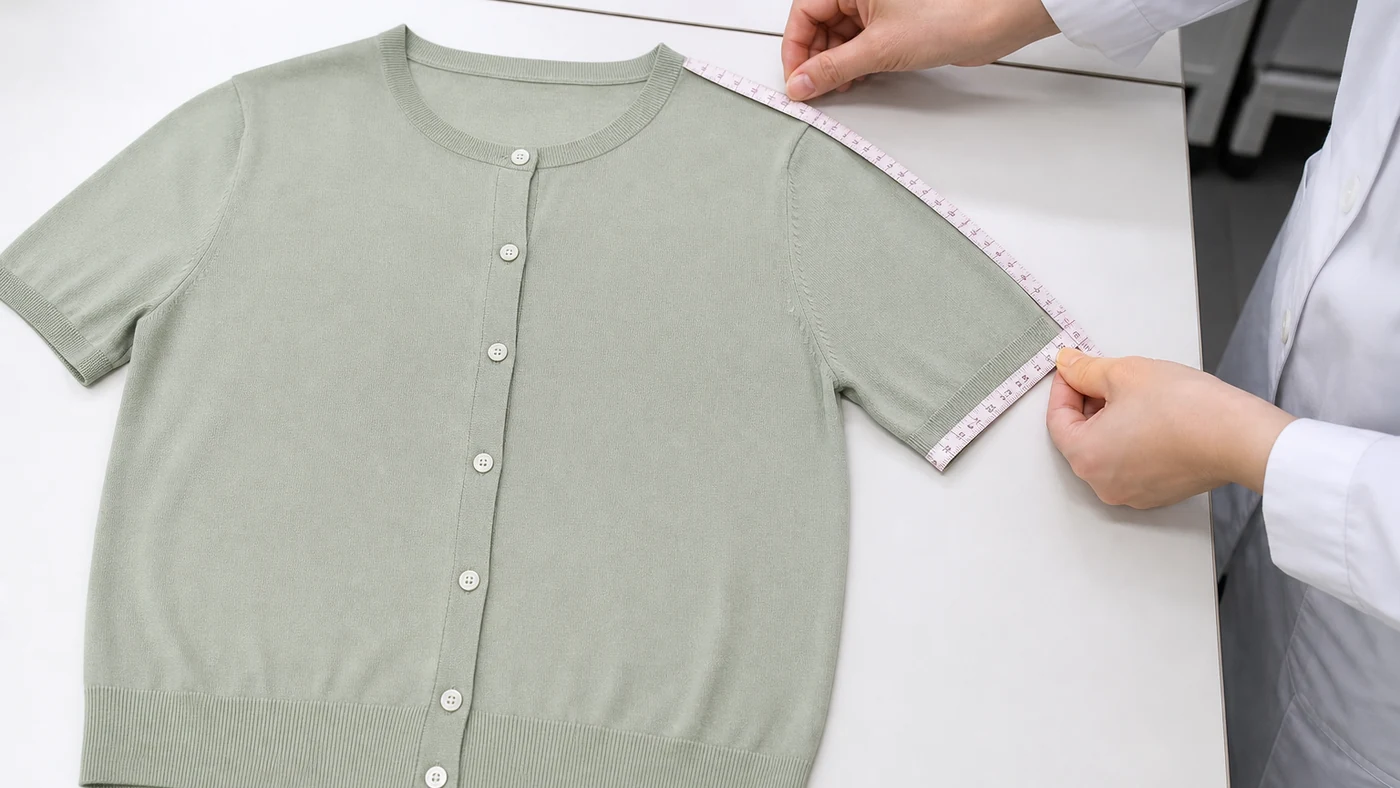 Technician measuring the shoulder, armhole and sleeve opening of a short sleeve cardigan