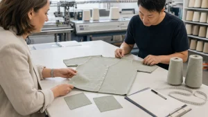 Buyer and knitwear technician reviewing a lightweight short sleeve cardigan with yarn and swatches