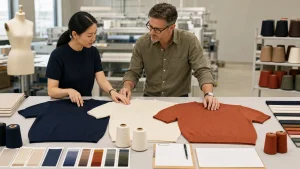 Wholesale buyer and knitwear technician reviewing three short sleeve cotton sweaters for a pre-fall assortment