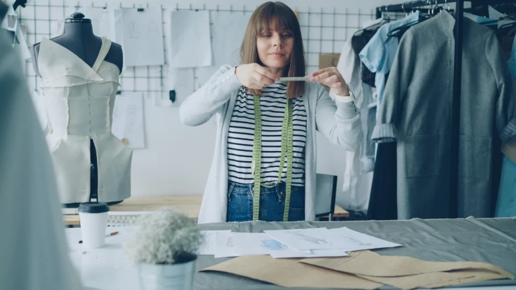 Fashion designer measuring materials in a studio for sweater measurement chart development.