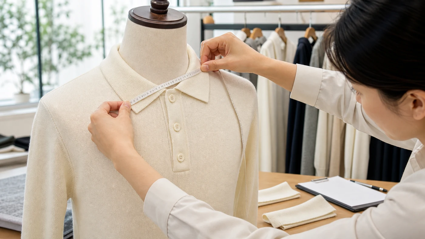 Technician checking collar spread, points, neckline attachment and recovery on a cream sweater polo