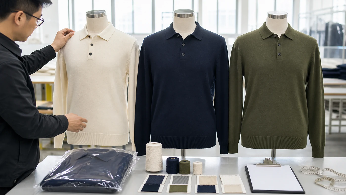 Three graded sweater polos compared with a sealed sample, shade references, measurements and QC checklist