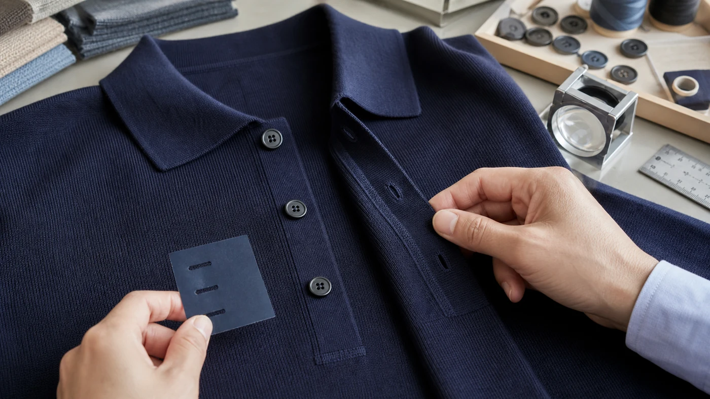 Close technical review of a knitted polo placket, button spacing, buttonholes and reinforcement