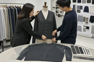 Buyer and knitwear technician reviewing V neck cardigan edge plackets buttons and open closed front balance