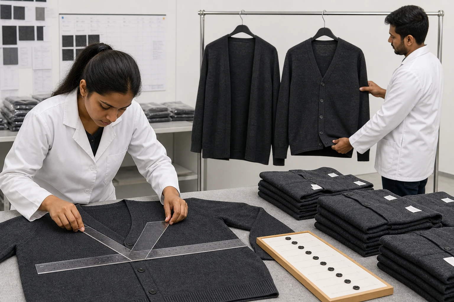 Quality technicians checking V depth edge lengths placket width button pitch and open closed hem balance