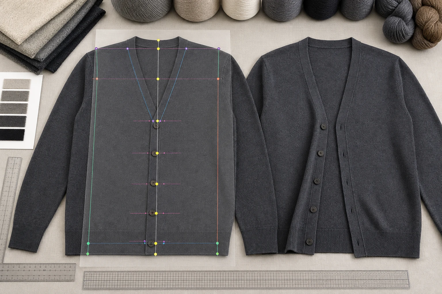 V neck cardigan front with centre line V point edge length placket button and hem landmarks