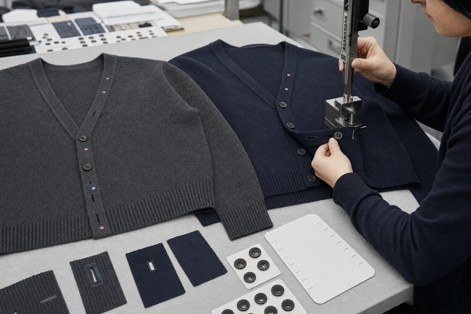 Placket buttonhole and button mockups showing width reinforcement pitch and attachment routes