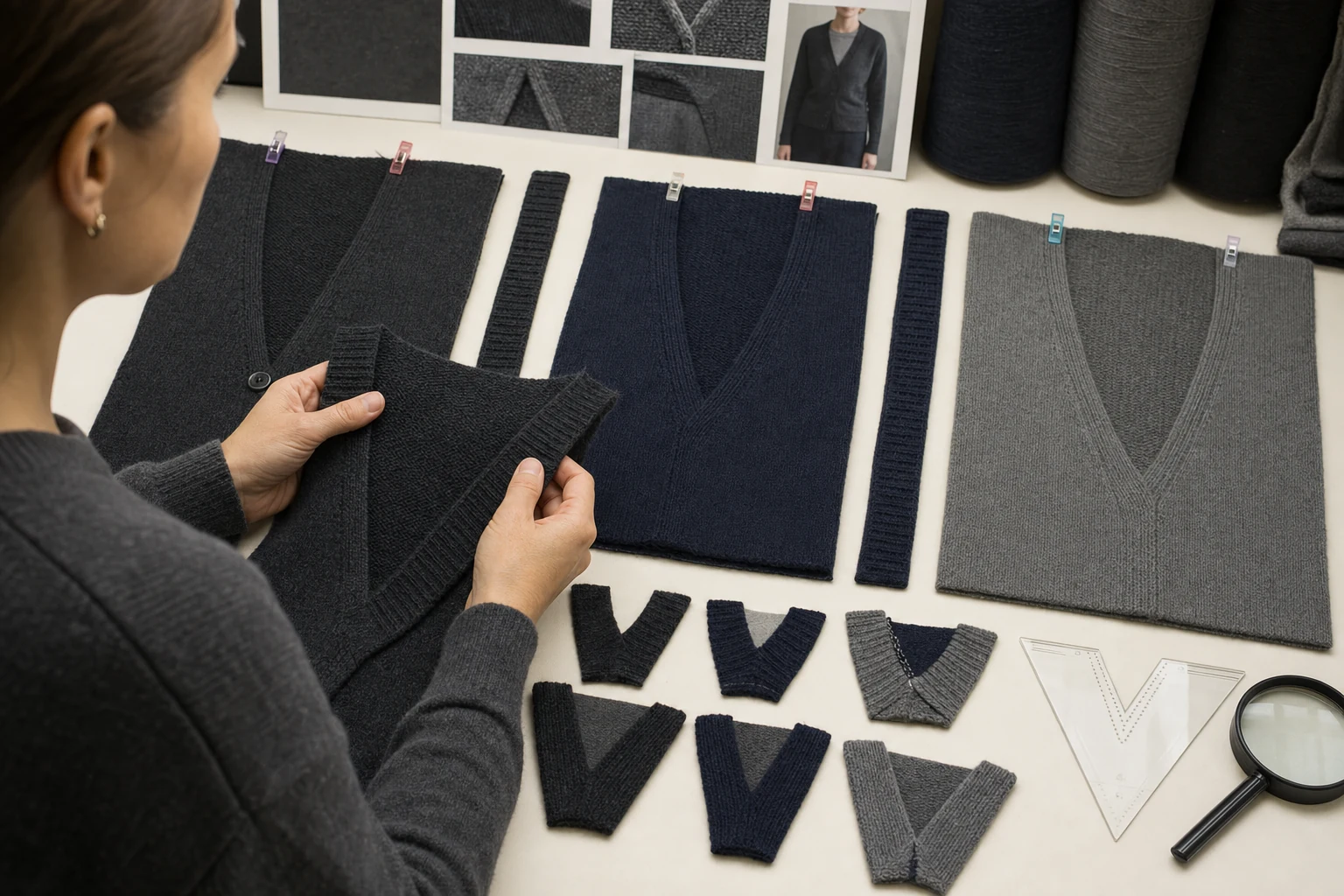 Technician comparing cardigan neckline trim lengths attachment distribution and V point constructions