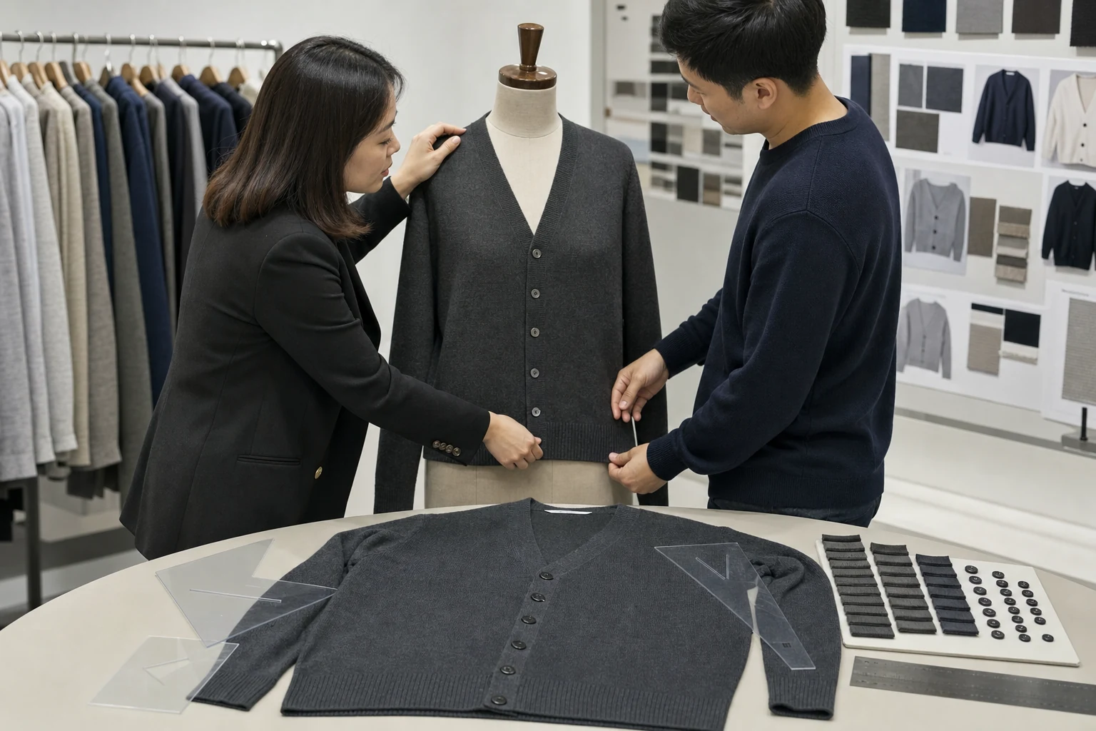 Buyer and knitwear technician reviewing V neck cardigan edge plackets buttons and open closed front balance