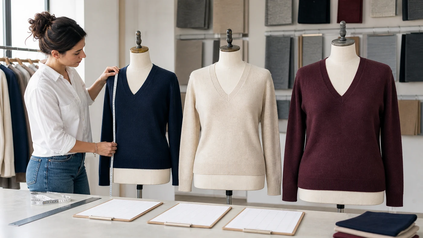 Three graded V neck pullover sizes compared for neckline, shoulder, chest, sleeve and body balance