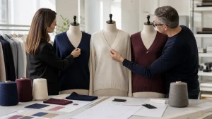 Private label buyer and knitwear technician reviewing navy, cream and burgundy V neck pullover sweaters with specifications and labels