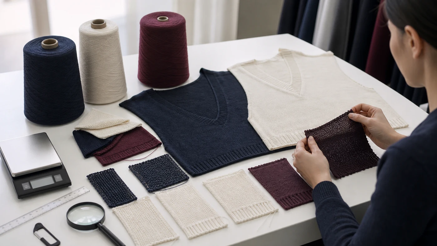 Yarn cones, knit swatches and shaped V neck panels reviewed for gauge, stitch density, opacity and weight