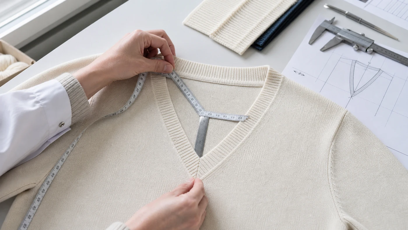 Technician measuring V neck width, depth, rib width, point position and symmetry on a cream pullover sweater