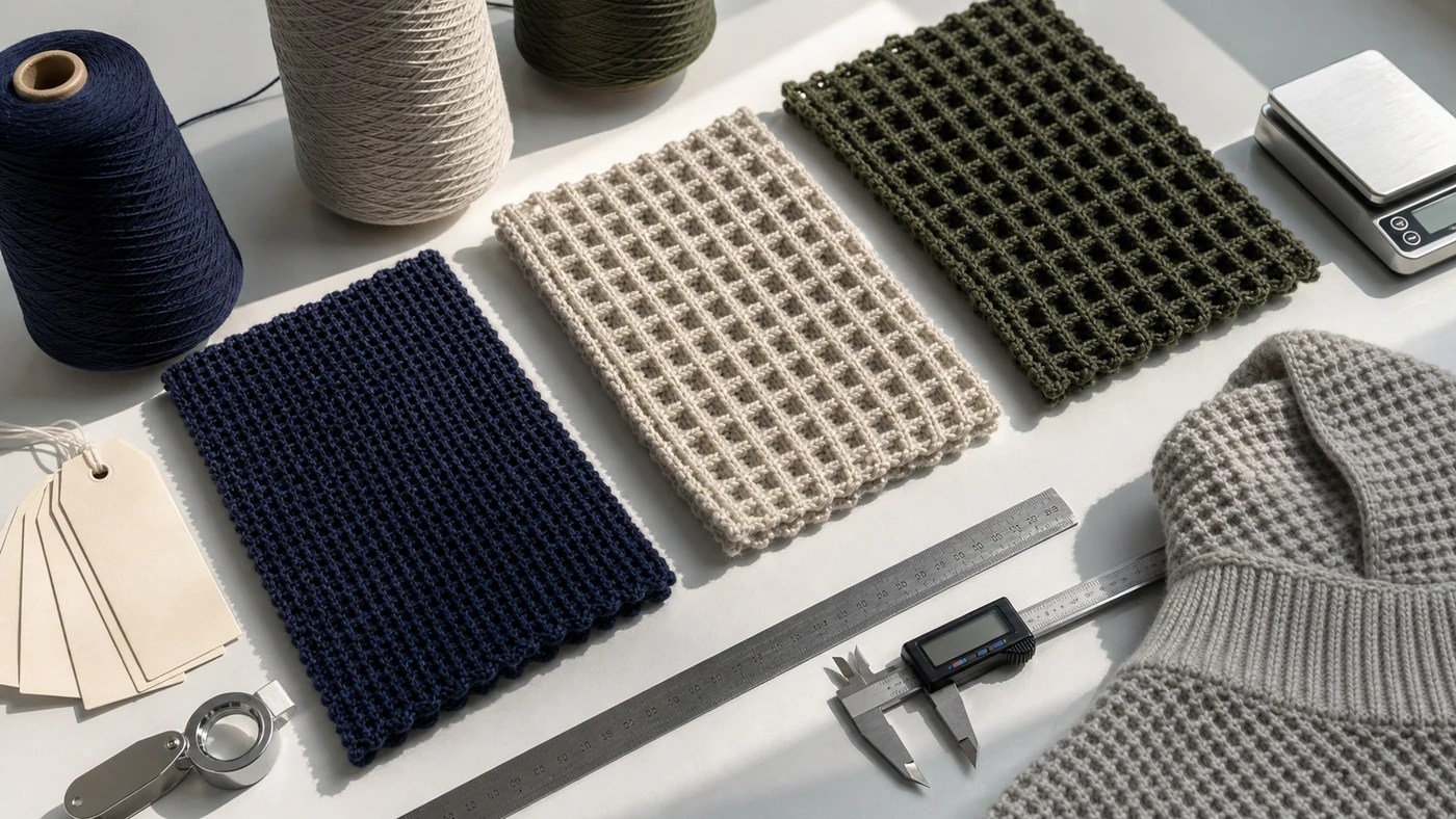 Waffle knit cell scales compared with yarn, weight tools and a knitted hood-edge sample